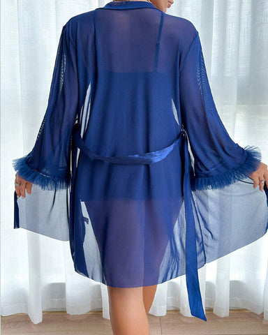 Conjunto de camisón y bata camisola de encaje con malla transparente