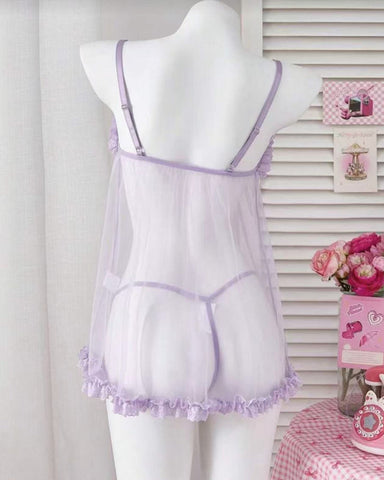 Conjunto de lencería de vestido lencero sexy de encaje y malla transparente