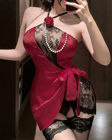 Conjunto de camisón de lencería sexy con cuello halter de encaje y malla transparente