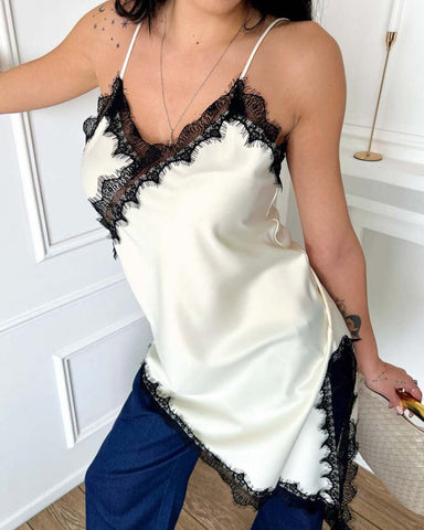 Minivestido casual asimétrico de tirantes con escote en V de seda helada y encaje