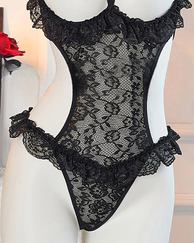 Body sexy de encaje floral con cuello halter y escote transparente con abertura en el busto