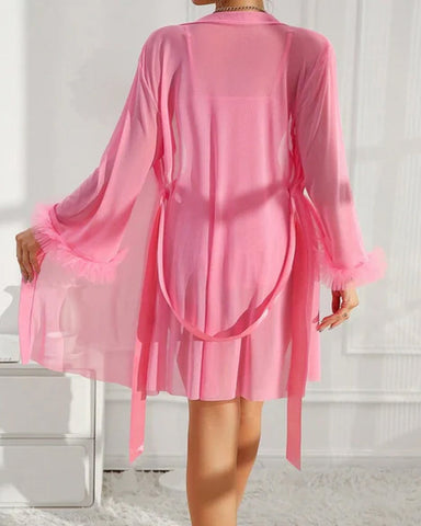 Conjunto de camisón y bata camisola de encaje con malla transparente
