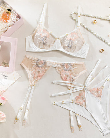 Conjunto de lencería sexy de malla transparente con bordado floral