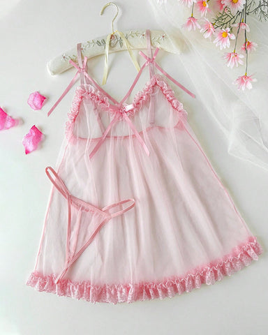 Conjunto de lencería de vestido lencero sexy de encaje y malla transparente