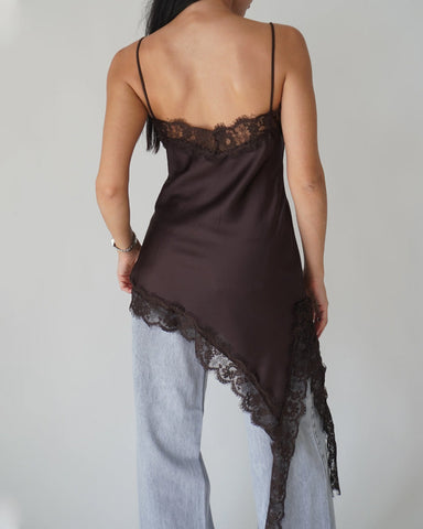 Minivestido casual asimétrico de tirantes con escote en V de seda helada y encaje