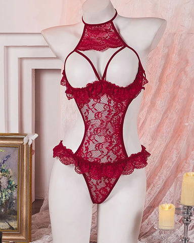 Body sexy de encaje floral con cuello halter y escote transparente con abertura en el busto