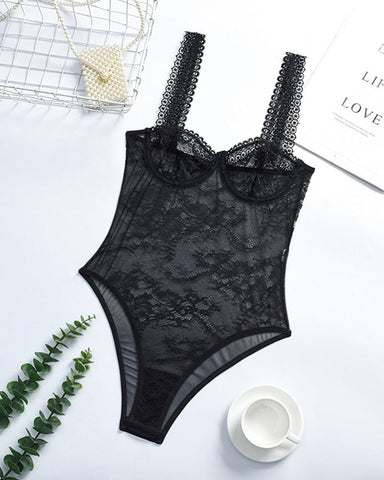 Body de lencería sexy de encaje transparente con aros para moldear la figura