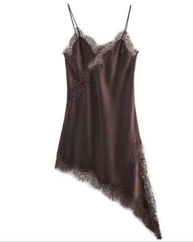 Minivestido casual asimétrico de tirantes con escote en V de seda helada y encaje