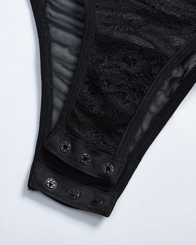 Body de lencería sexy de encaje transparente con aros para moldear la figura