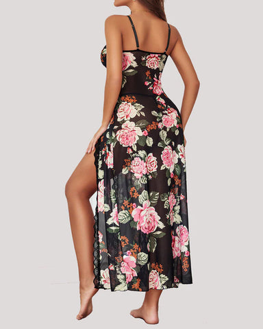 Conjunto de pijama sexy de tirantes con encaje transparente, malla y aberturas largas con bragas