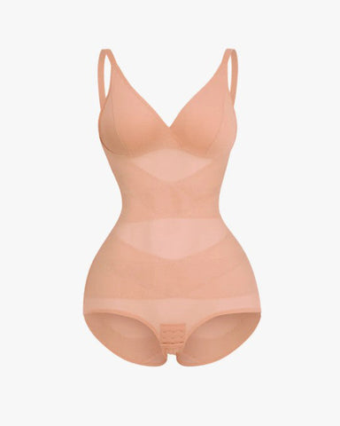 Body tipo tanga con control de abdomen y malla transparente con escote en V profundo