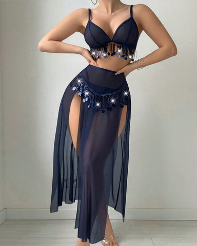 Conjunto de pijama sexy con top y pantalón de camisola de encaje transparente con lunares y malla