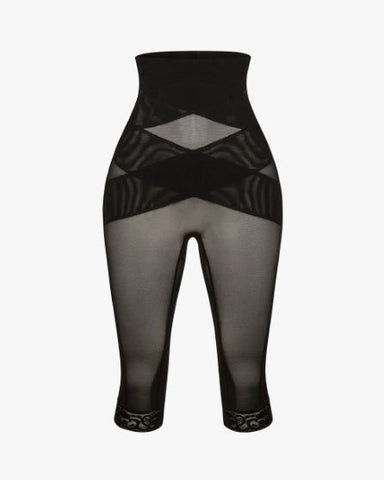 Pantalones moldeadores de cintura alta con ribete de encaje y malla transparente