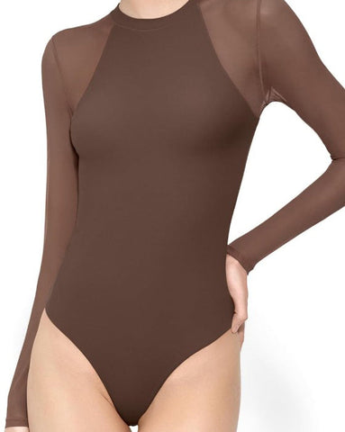 Body adelgazante de malla transparente de manga larga