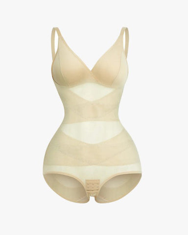 Body tipo tanga con control de abdomen y malla transparente con escote en V profundo