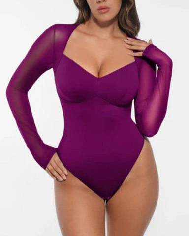 Body de tanga de manga larga de malla transparente con control de abdomen y cuello en V