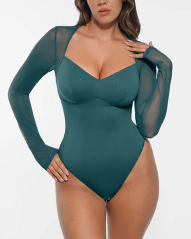 Body de tanga de manga larga de malla transparente con control de abdomen y cuello en V