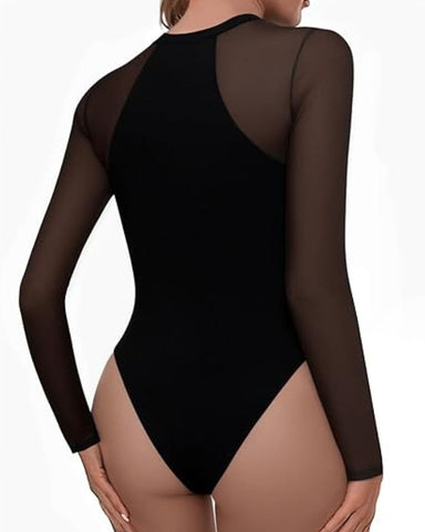 Body adelgazante de malla transparente de manga larga