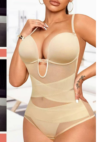 Faja moldeadora transparente con aberturas cruzadas para mujer, tirantes ajustables, mallas de contraste, alta elasticidad, ideal para uso diario.