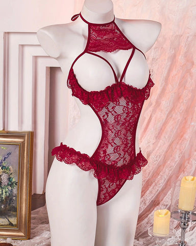 Body sexy de encaje floral con cuello halter y escote transparente con abertura en el busto