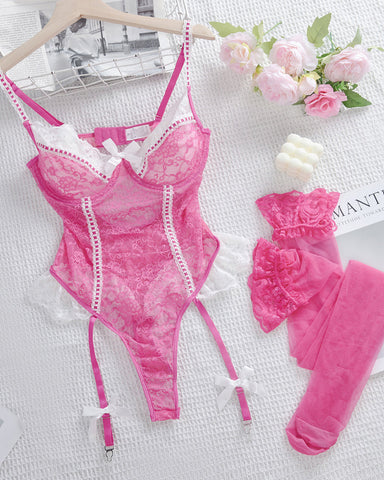 Conjunto de body sexy transparente con encaje floral en bloques de colores y medias