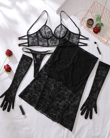Conjunto de lencería sexy moldeadora de encaje floral transparente y vestido largo con guantes