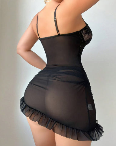 Camisón camisola de malla transparente con volantes y encaje floral para mujer