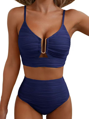 Conjunto de bikini de dos piezas con forma de U, aros, cintura alta hueca, traje de baño texturizado
