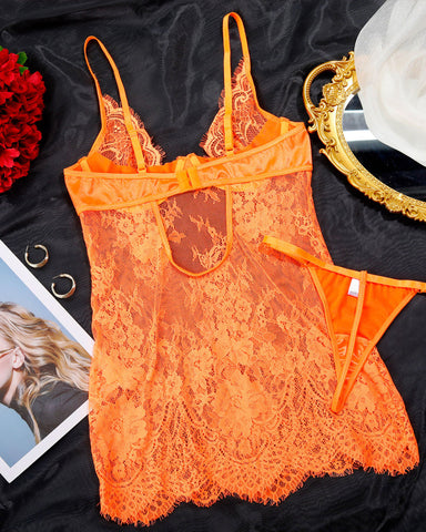 Conjunto de camisón y tanga con push-up de encaje transparente