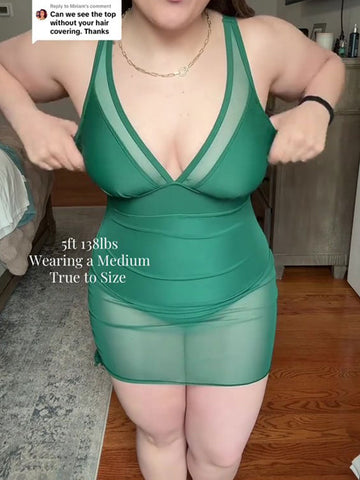 Vestido de baño de una pieza para mujer, tipo pareo transparente de malla con control de abdomen